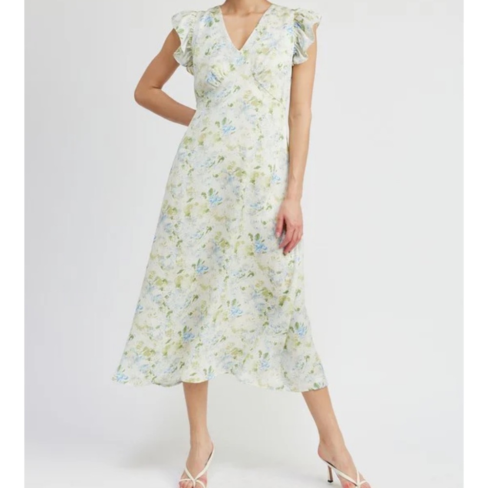 Jacqui E Green Midi Sundress with Flutter Sleeves